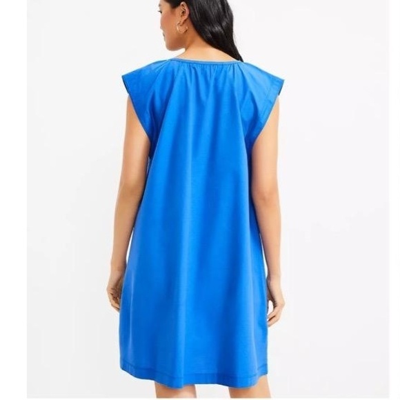 LOFT Royal Blue Flutter Sleeve Split Neck Swing Dress Large Cotton Blend NWT - Picture 2 of 11